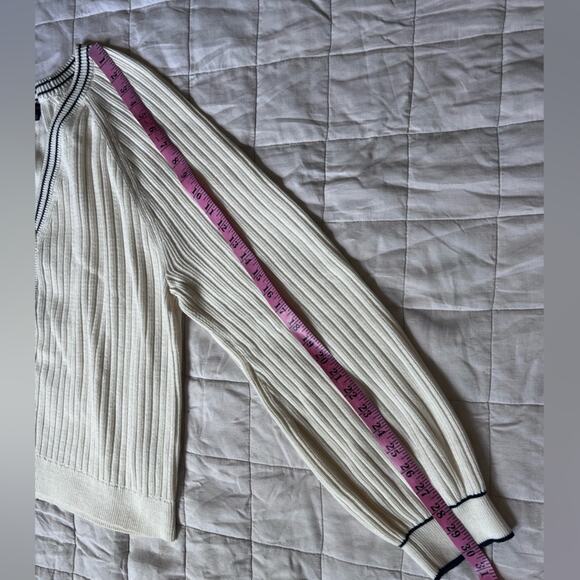 Talbots Cream Navy Trim V Neck Rib Knit Cardigan Sweater Old Money Preppy - XL - Picture 7 of 9